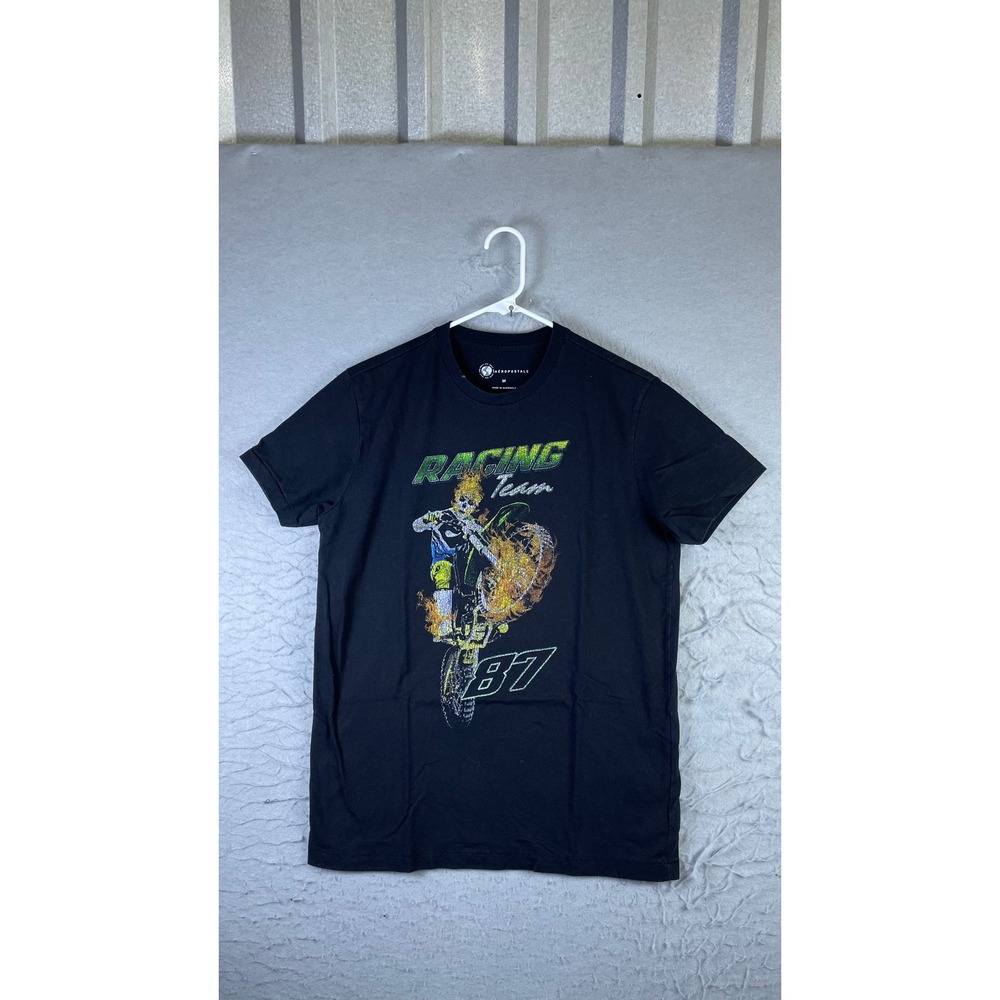Aeropostale T-Shirt Mens M Black Excellent Racing Team 87 Motocross Graphic Tee